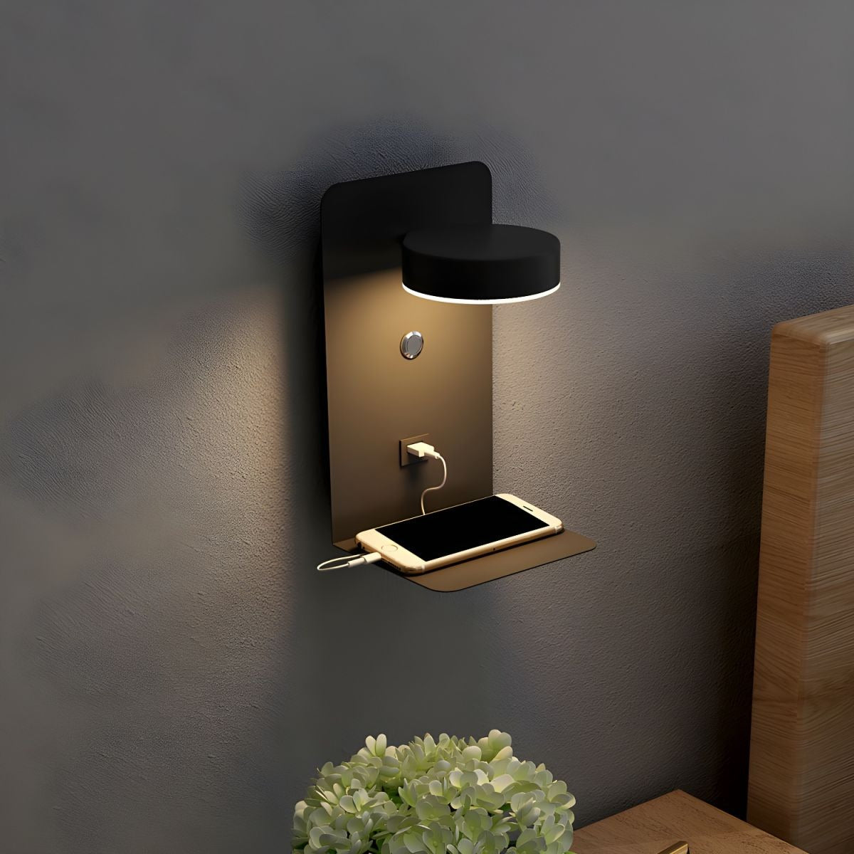 Minimalist Wall Lamp with Shelf and USB Port