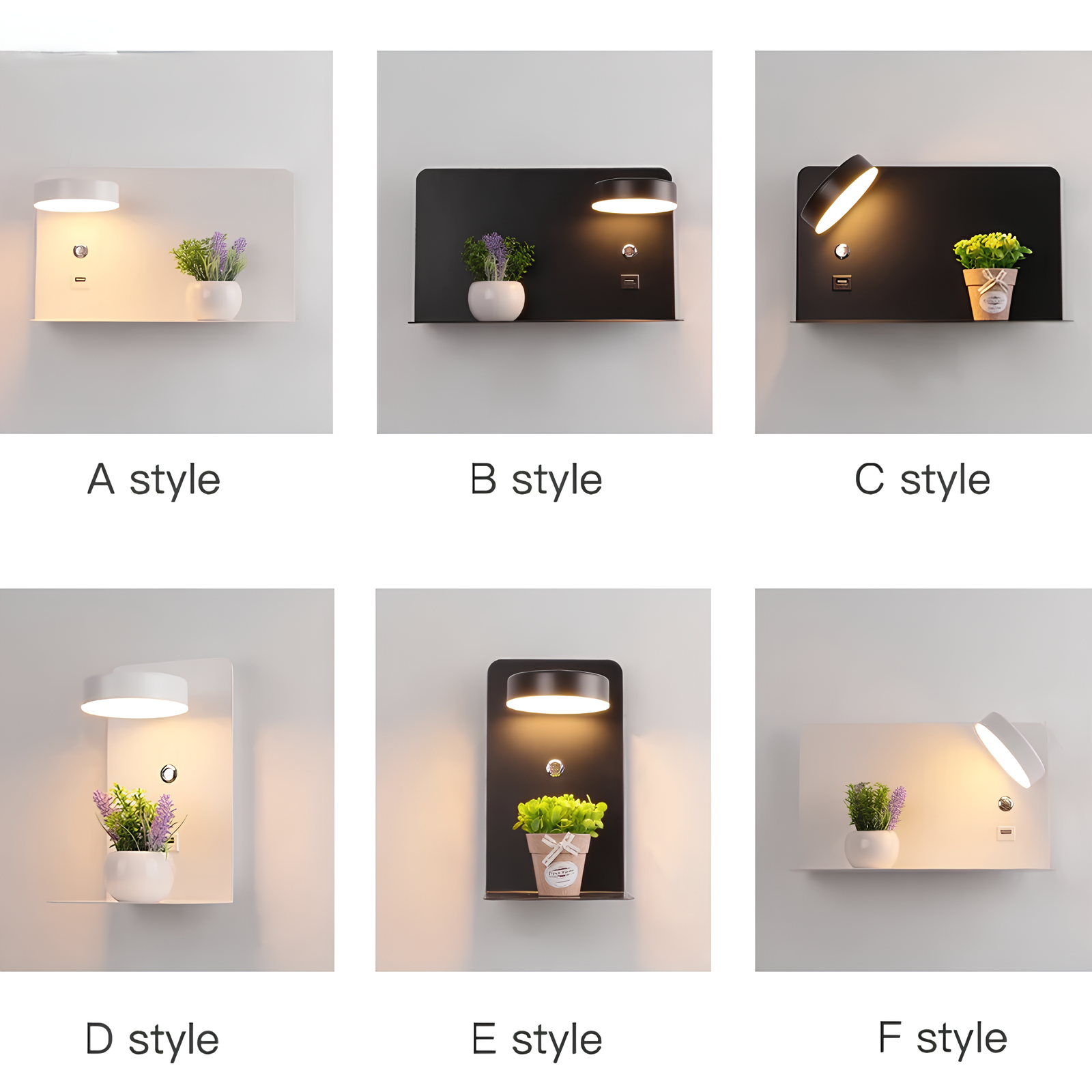 Minimalistische wandlamp met plank en USB-poort