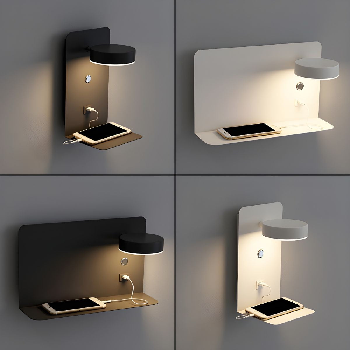 Minimalistische wandlamp met plank en USB-poort